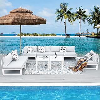 RADIATA 9 Pieces Aluminum Patio Furniture Set with Side Table, Morden Outdoor Sectional Sofa, Large Conversation Seat with Thick Cushion for Garden Backyard Deck Porch (White)