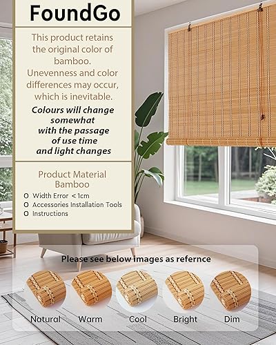 Miniatura 3 de FoundGo Persianas enrollables de bambú de 72 pulgadas de ancho x 72 pulgadas de alto, cortinas enrollables de bambú retro para ventanas y puertas.