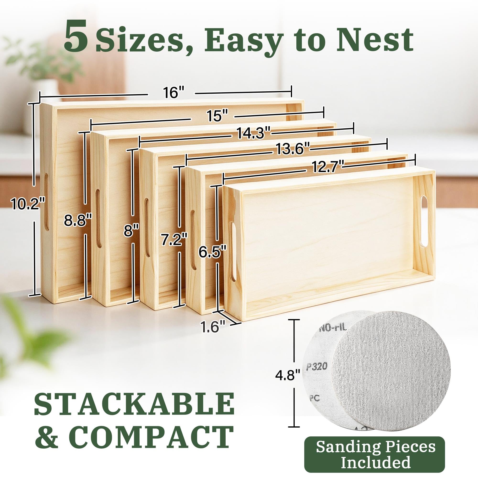 LotFancy Bandejas de Madera anidadas, Juego de 5, bandejas de Madera Natural sin terminar con Asas, para Manualidades y decoración, Organizador de Alimentos para Desayuno, Almuerzo, Cena