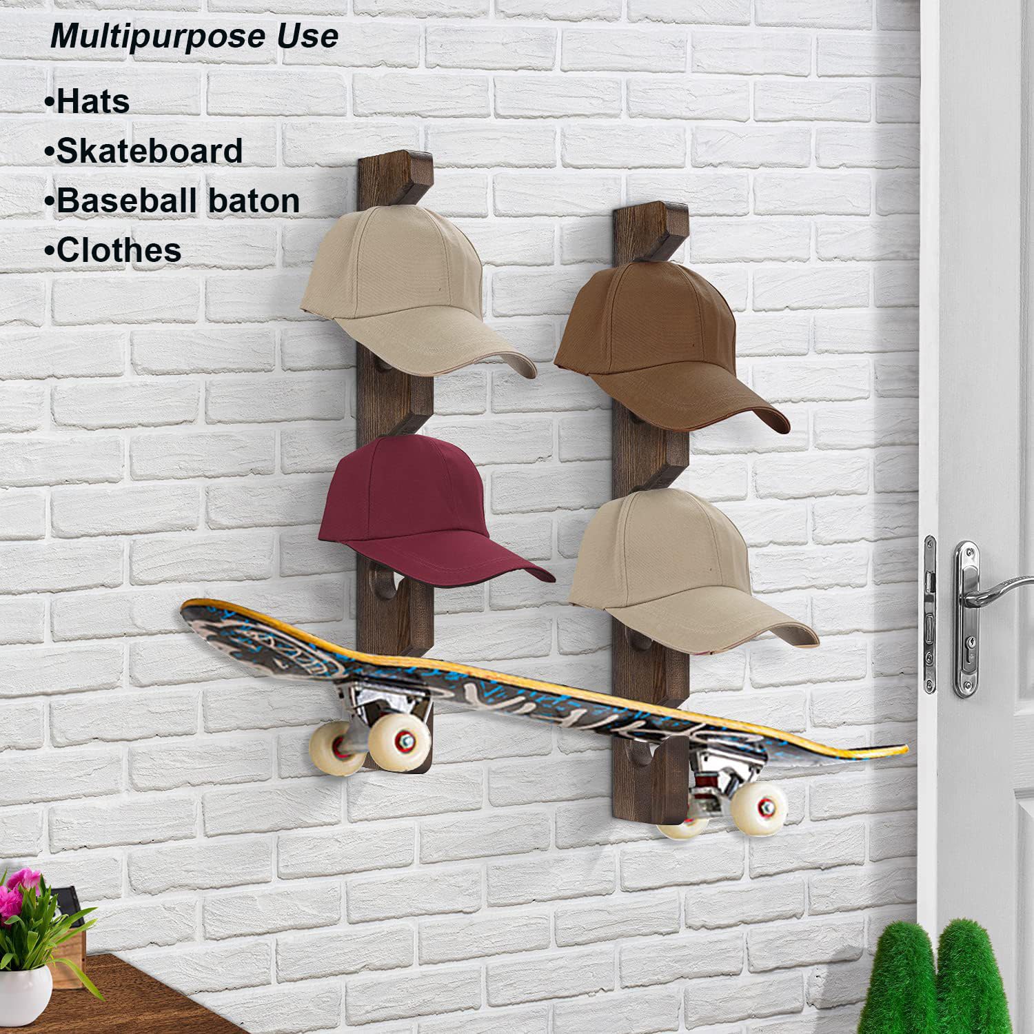 JDL LUCKY LIFE Wooden Hat Rack Organizer for Wall, Hat Organizer for Closet and Baseball Caps, Hat Holder on Wall,Hat Rack for Men (2 Pack, Black)