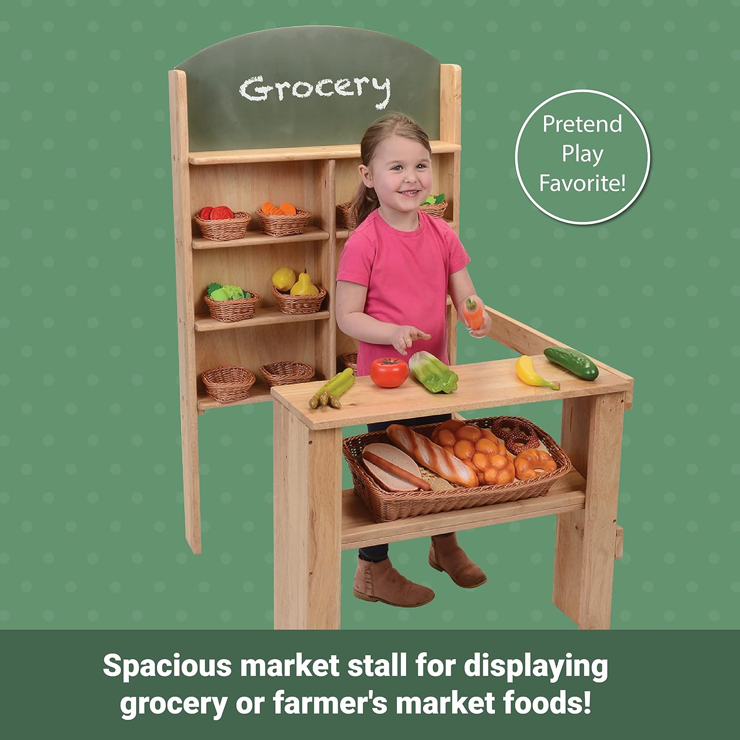 Constructive Playthings Wood Marketplace Stall with Counter, Playroom Furniture for Home & School, Lemonade Stand for Kids, Display Grocery Store or Farmer’s Market Foods, Toddler Toys, 3 Years & Up