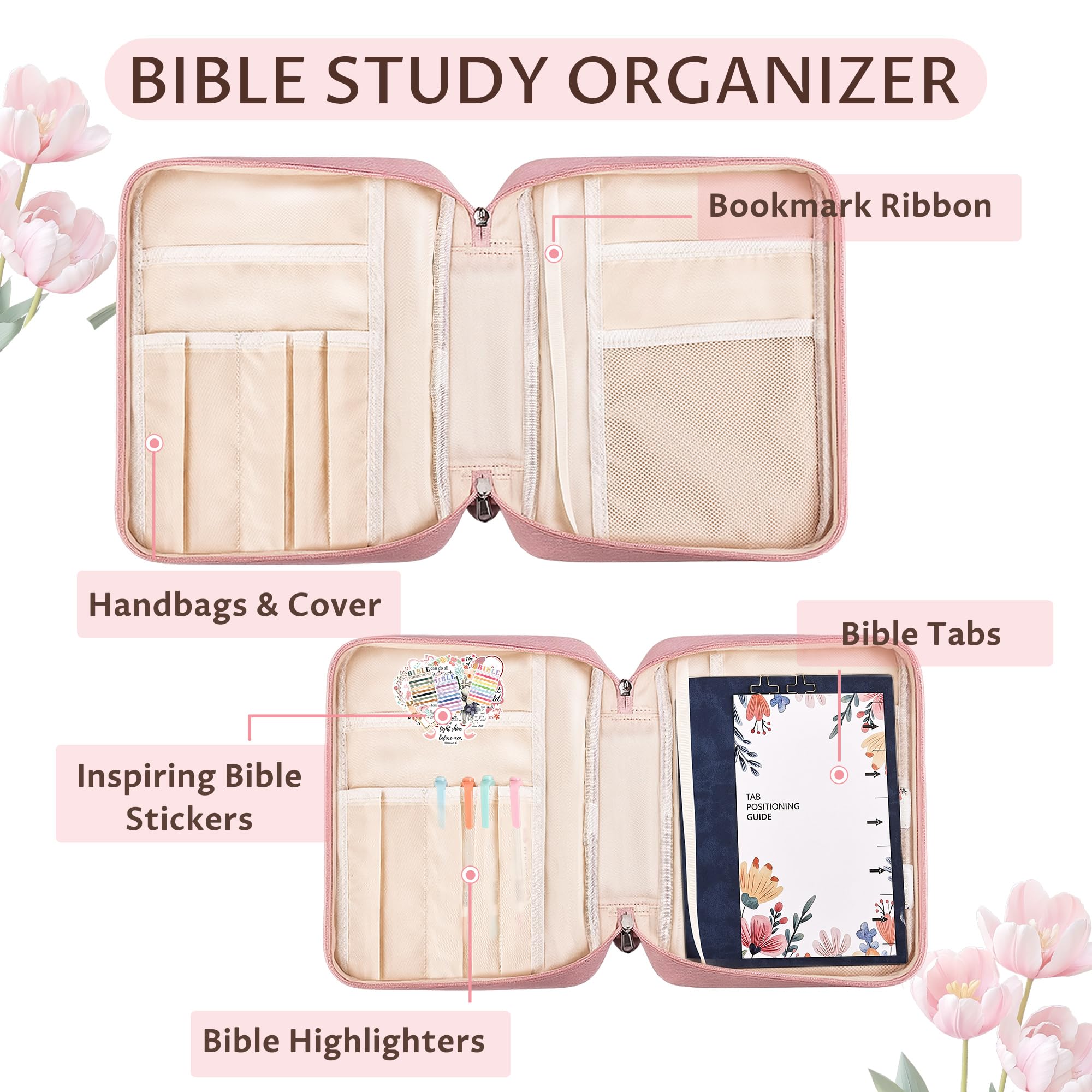 WOBAGMEN Okładka biblijna dla kobiet, różowa skóra PU, spersonalizowane etui biblijne z akcesoriami do nauki Biblii, w tym zakładki i zestaw zakreślaczy, prezent dla kobiet dziewcząt (różowy, L)