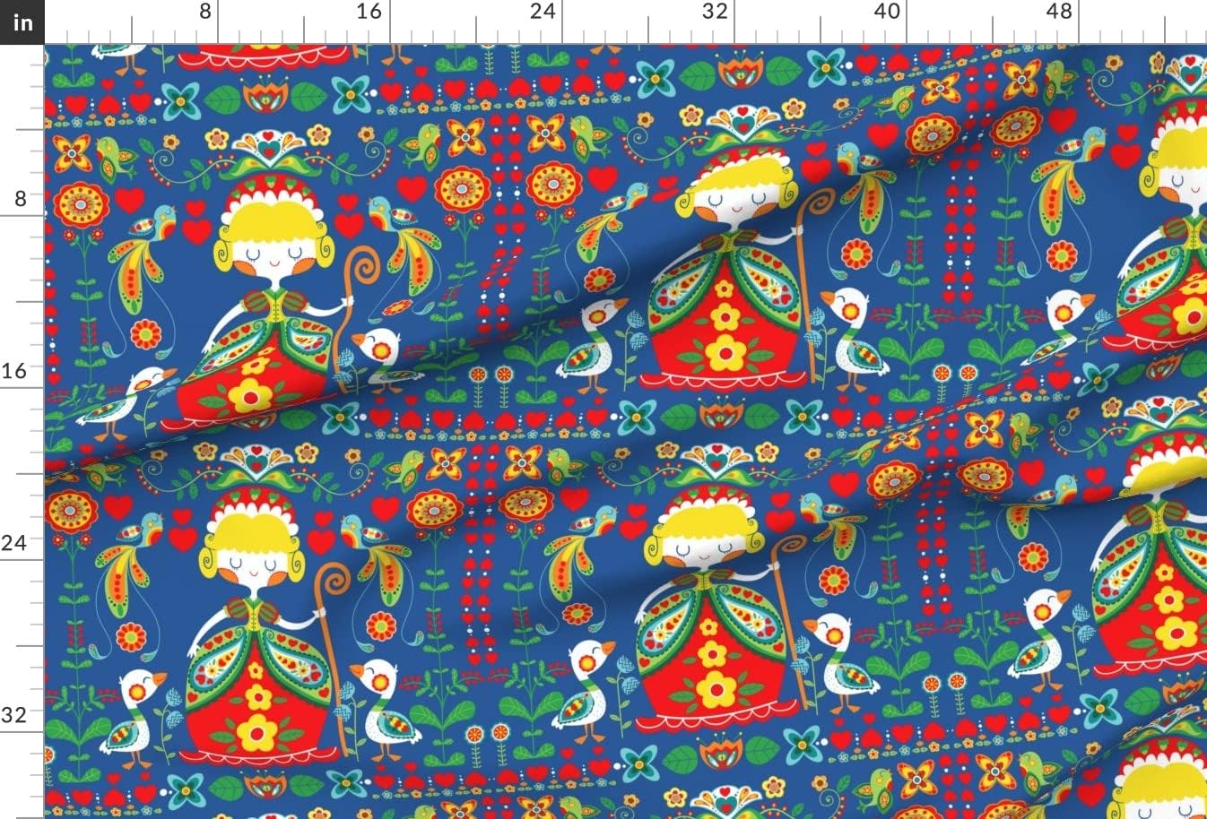 Spoonflower Fabric - Swedish Folk Art Tea Flowers Goose Scandinavian Birds Printed on Upholstery Velvet Fabric Fat Quarter - Upholstery Home Decor Bottomweight Apparel