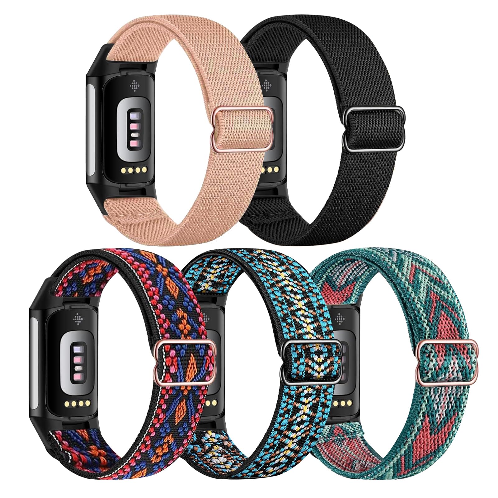 Gugobit 5 Stück Elastisches Armband Kompatibel mit Fitbit Charge 6/Fitbit Charge 5 Armband, Verstellbares Nylon atmungsaktives Ersatzarmband für Fitbit Charge 6/ Fitbit Charge 5 Damen Herren