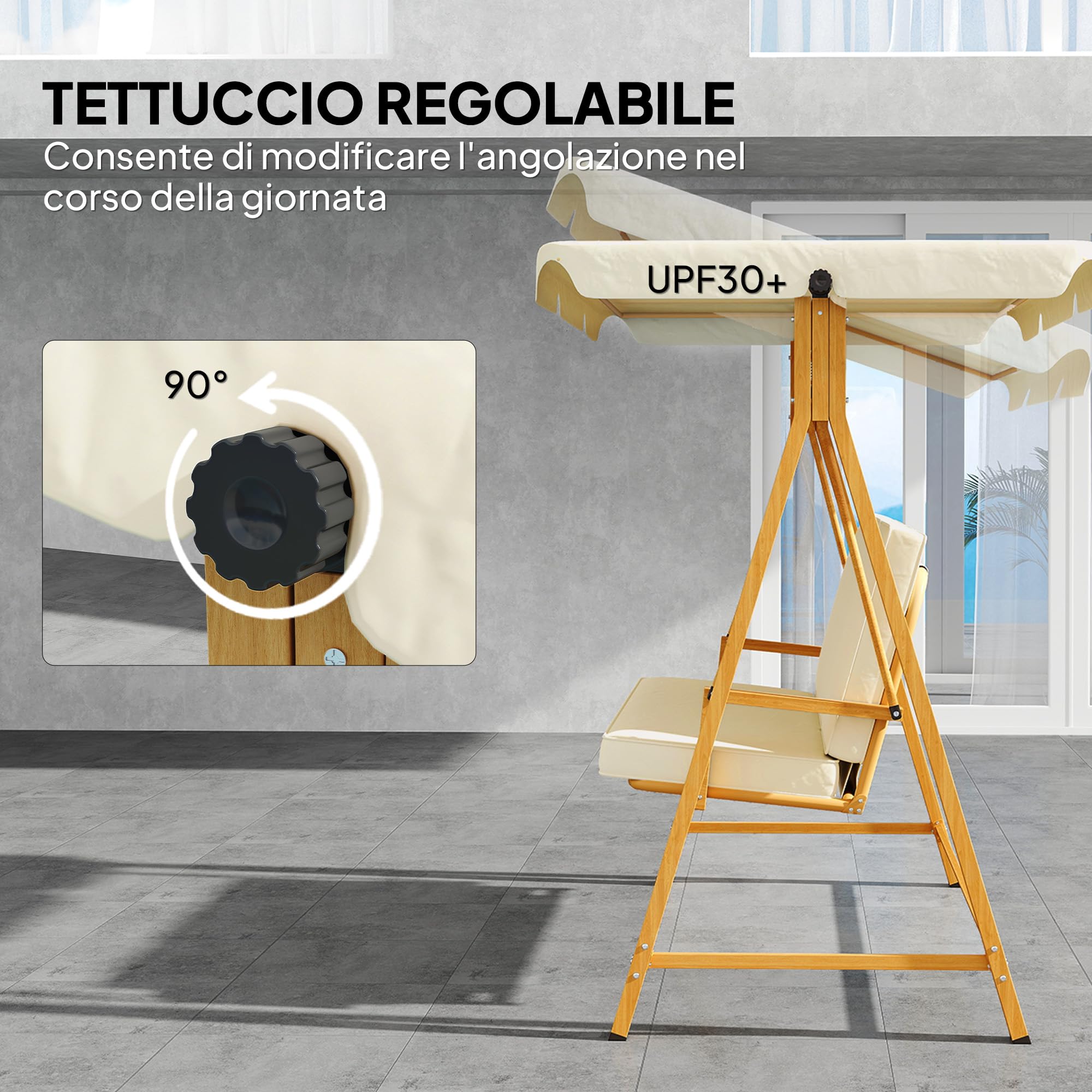 Outsunny Dondolo da Giardino 3 Posti con Tettuccio Parasole Regolabile, Dondolo da Esterno con Cuscini e Struttura in Metallo Effetto Legno, Portata Fino a 330 kg, UV 30+, 195x120x170 cm, Beige