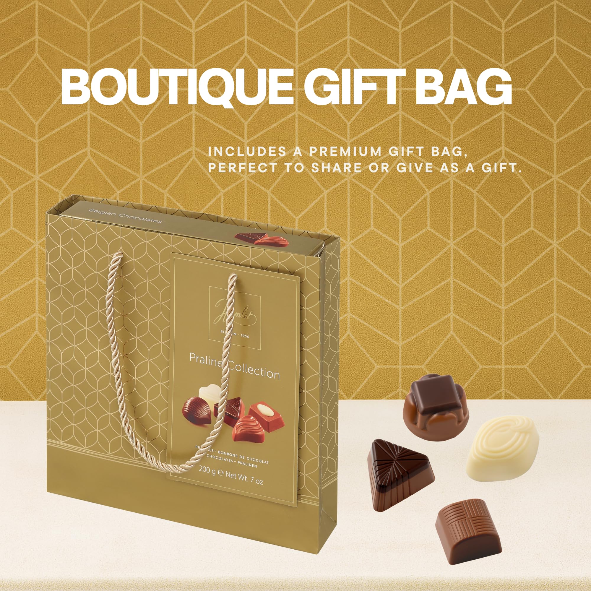 Chocolate Belga Hamlet, Bombones para Regalar, Chocolates para regalar con Bolsa Premium, Auténtico Chocolate Belga, Caja de Diferentes Chocolates 200g