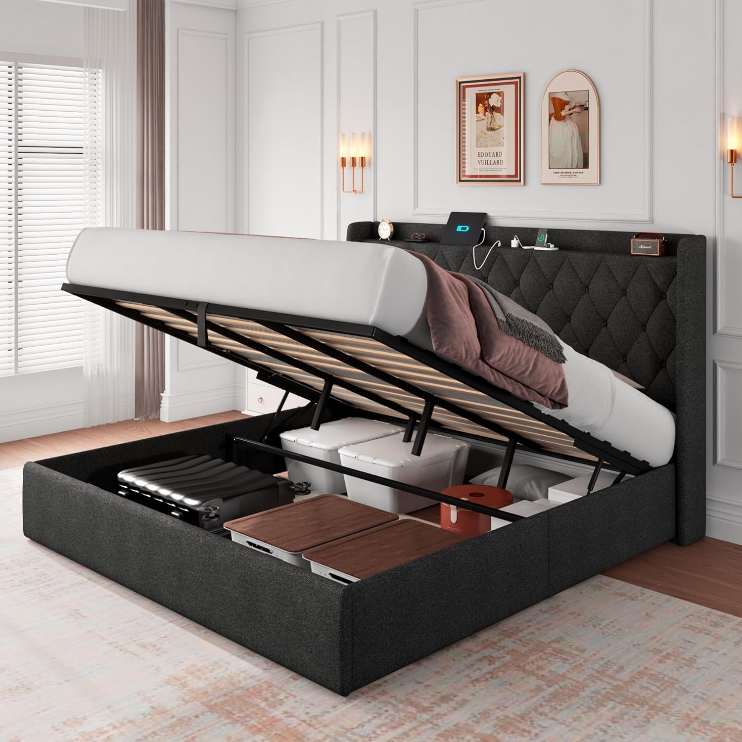 Amazon.com: iPormis King Size Lift Up Storage Bed with Fast Charging ...