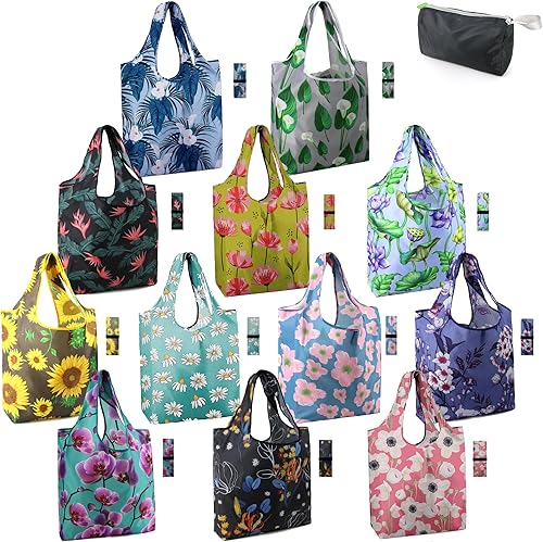 BeeGreen 12 paquetes de bolsas reutilizables de flores, bolsas reutilizables extra grandes de 50 libras, lindo diseño floral, bolsas plegables
