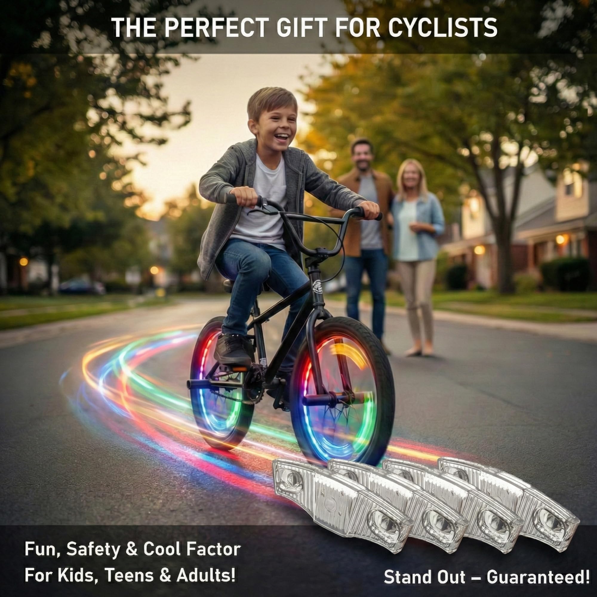 HANZE Lumières de roue de vélo rechargeables, 9 couleurs, lumières LED et réflecteurs, 21 modes d'éclairage, détecteur de mouvement, marche/arrêt automatique, accessoires étanches pour enfants et