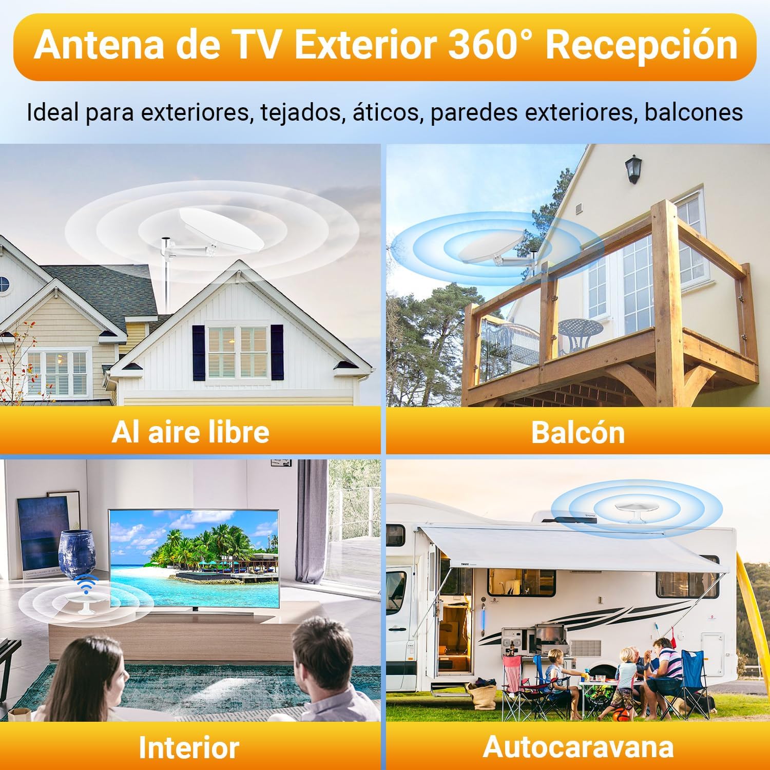 Antena TV Exterior Potente TDT Digital, Compatible con Antena TV Interior Potente, al Aire Libre con Recepción Omnidireccional 360°,Canales Locales 4K 1080P, Cable Coaxial de 32,8ft