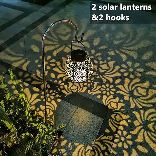 Miniatura 7 de 2 linternas y 2 ganchos. Luces solares para exteriores, faroles decorativos de jardín colgando en ganchos de pastor.