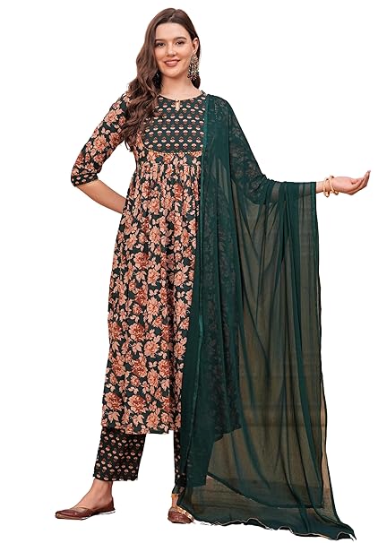DA DESI ART Women's Pure Cotton Anarkali Keyhole Neck Floral Printed Gotta Patti Work Kurta Set with Palazzo & Dupatta | Elegant Ethnic Wear for Festivals & Casual Occasions