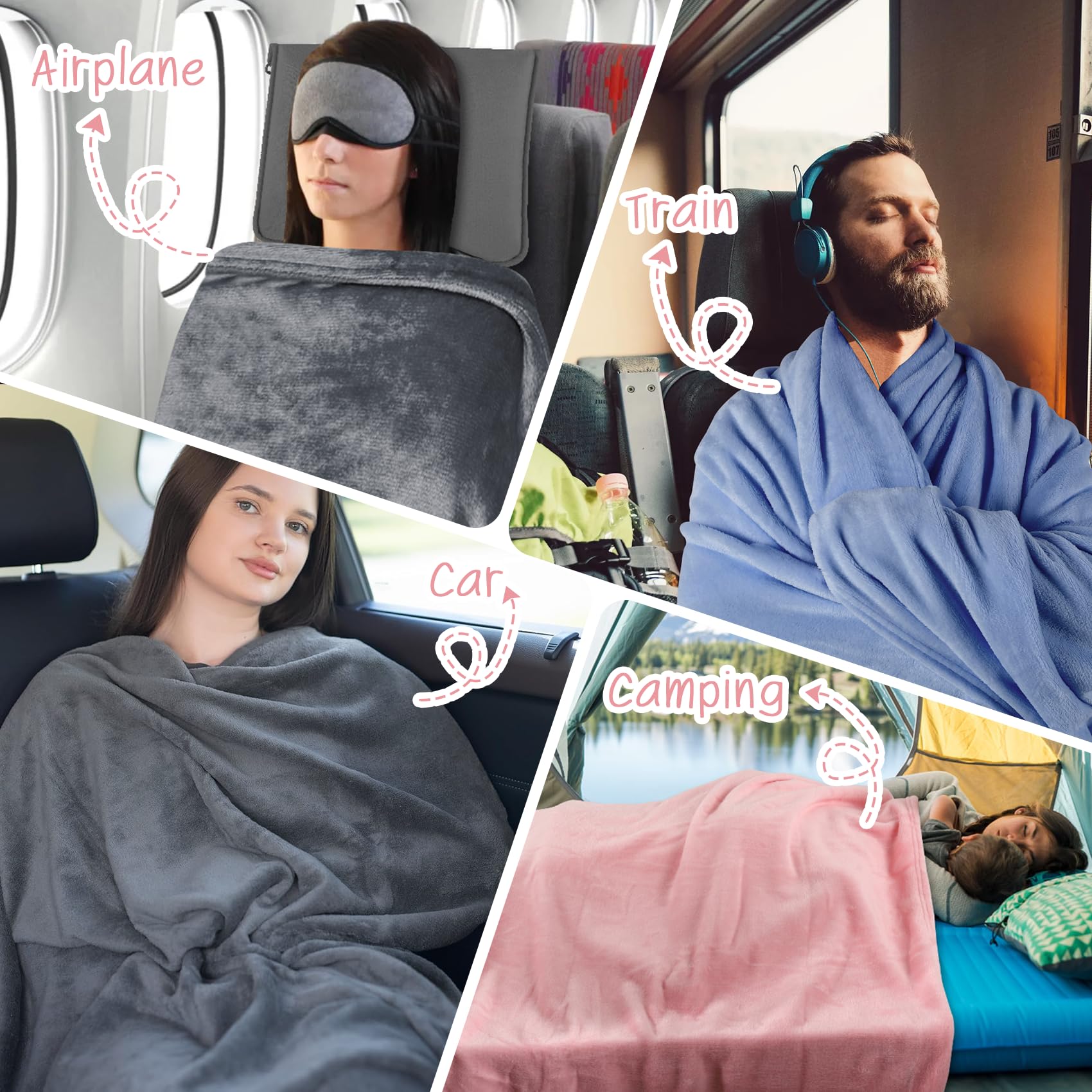 Manta de Viaje en Mini Funda Suave, Premium Suave 2 en 1 Manta de avión Bolsa Suave, Almohada Portátil para Adultos, Niños con Funda, Manga para Equipaje, Clip para Mochila, Viajes de Negocios, Rosa
