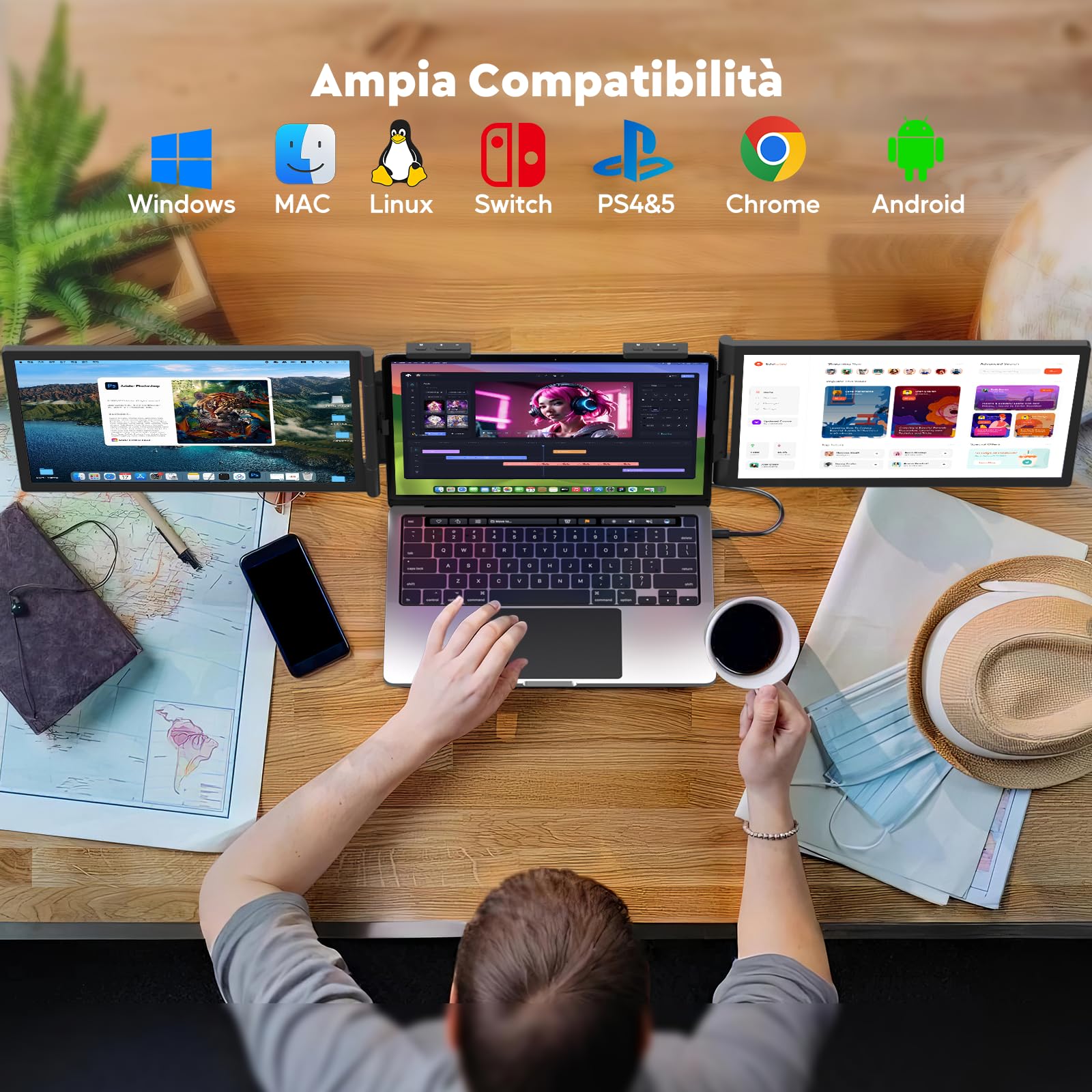 MAGICRAVEN Doppio Schermo PC Portatile, 14" FHD 1080P IPS Triplo Schermo PC Portatile, Monitor Portatile per Laptop da 14" a 16", Doppio Monitor Compatibile con Windows/MacBook/Chrome/PS/X-Bo
