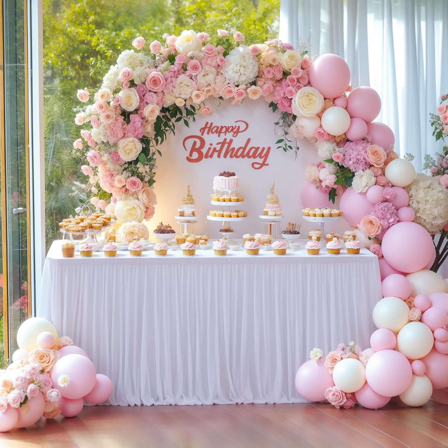 Besutolife White Tulle Table Skirt 14ft Wrinkle-Free Tutu Tablecloth for Gender Reveal, Wedding, Birthday, Reception, Banquet, Photo Booth, Party Table Decorations