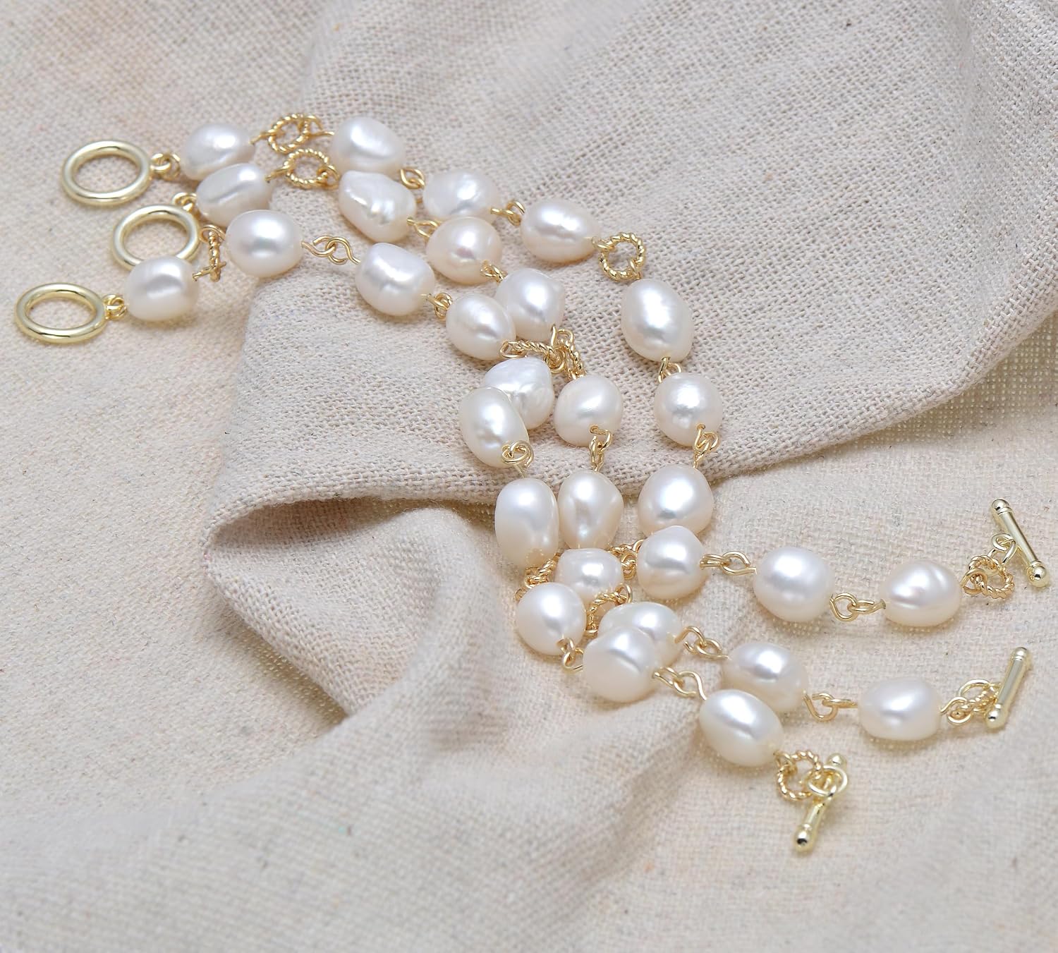 Freshwater Cultured Baroque Pearls Beaded Wire Linked Bracelet Toggle Clasp, 7.5"