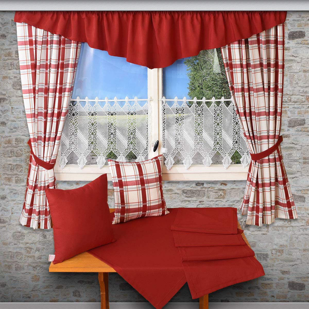 Querbehang Hetty rot unifarben | Deko-Behang aus hochwertigem Webstoff mit Reihband | gepflegt-rustikaler Landhaus-Stil für Küche, Esszimmer, Gästewohnung, Kaminzimmer H x B 40 x400 cm