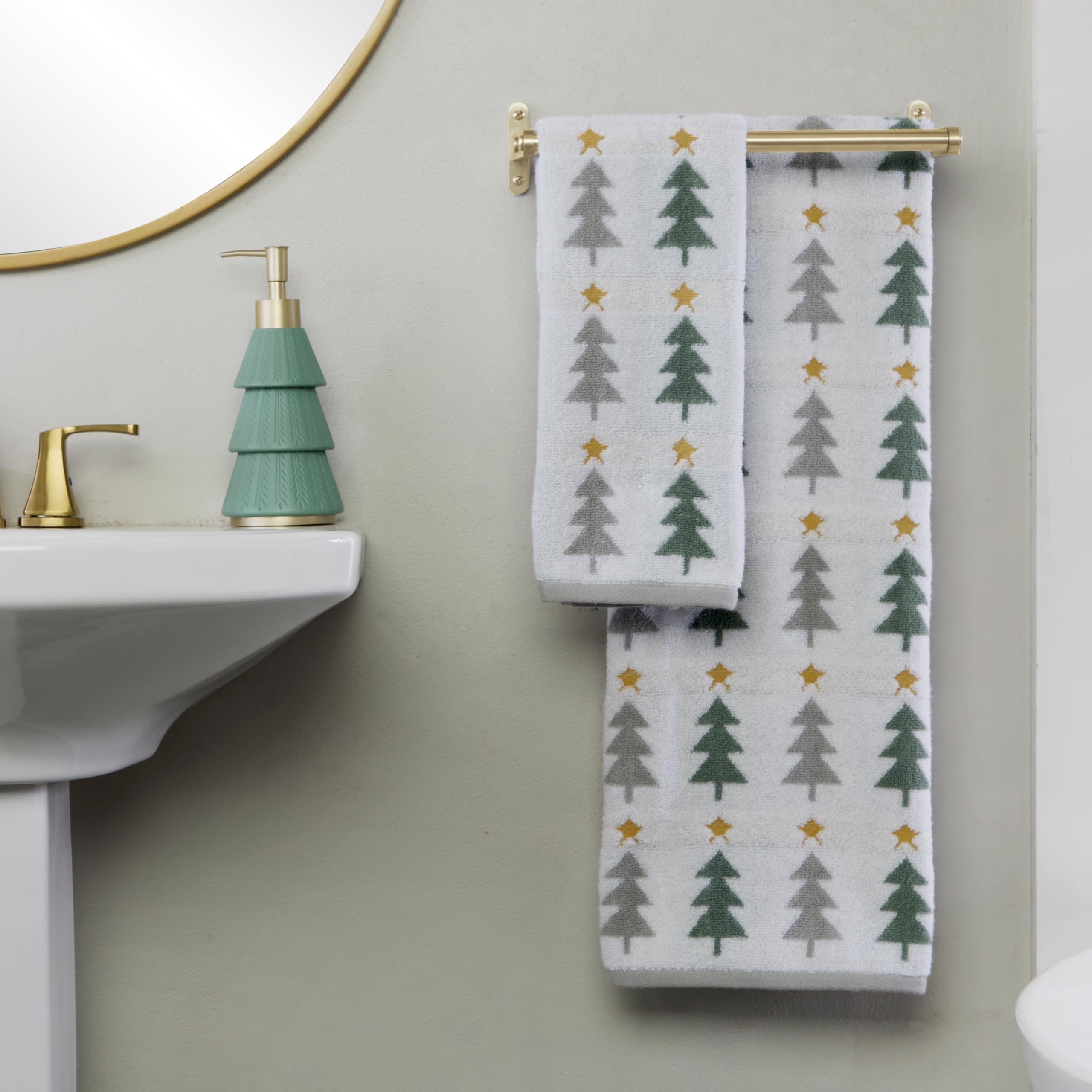 SKL Home Christmas/Winter Multi Trees 100% Cotton Premium 2-Piece Hand Towel Set, 500 GSM, Reversible Jacquard, Soft & Absorbent, Decorative for Bath/Kitchen/Bar, Multi