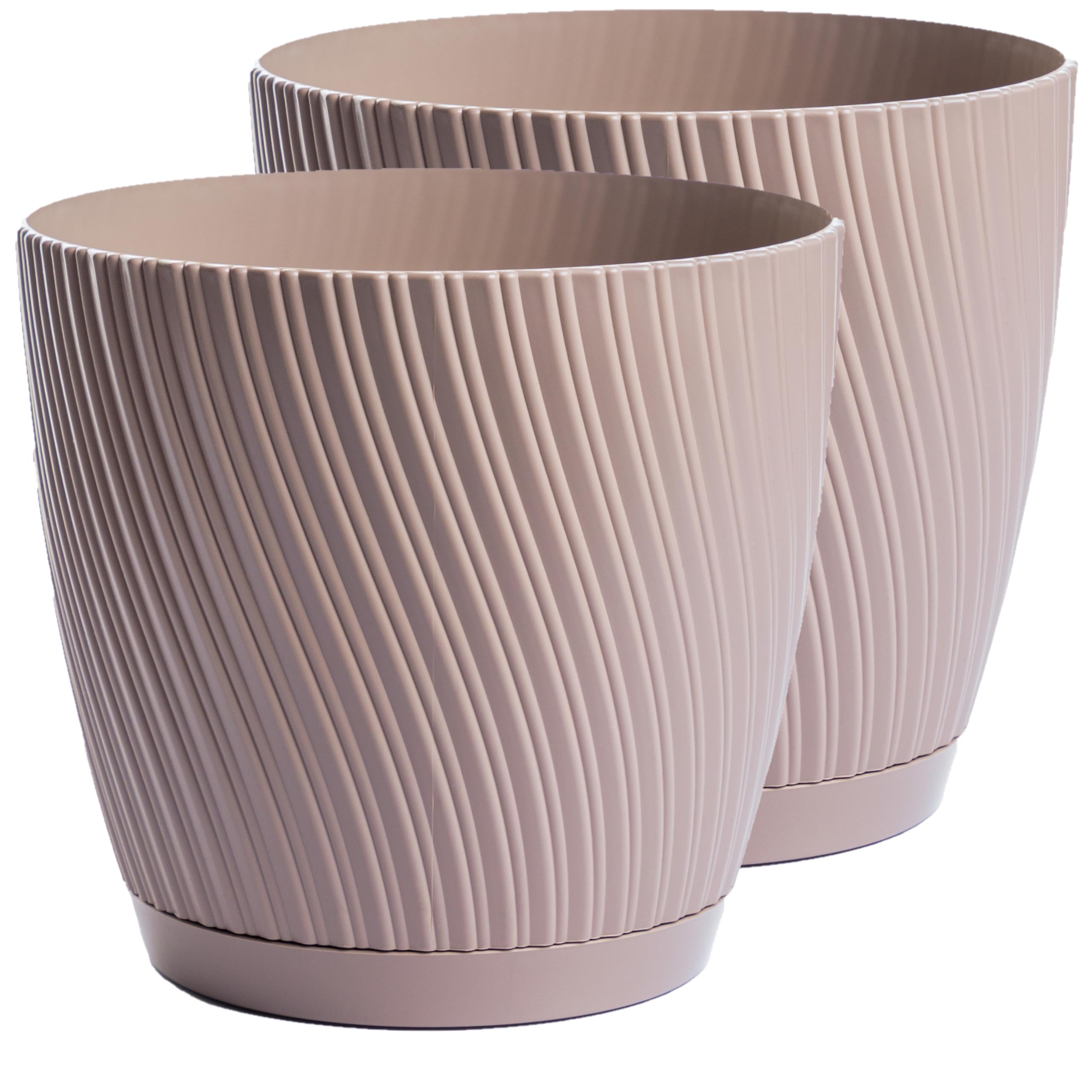 Home Garden Ornaments Taupe Plant Pots Indoor – Set Of 2 With Drainage & Saucer Swing Indoor Plant Pot – Decorative Striped Flower Plastic Planter Design – 5 Colours & 6 Sizes (15Cm / 5.9 Inch, )