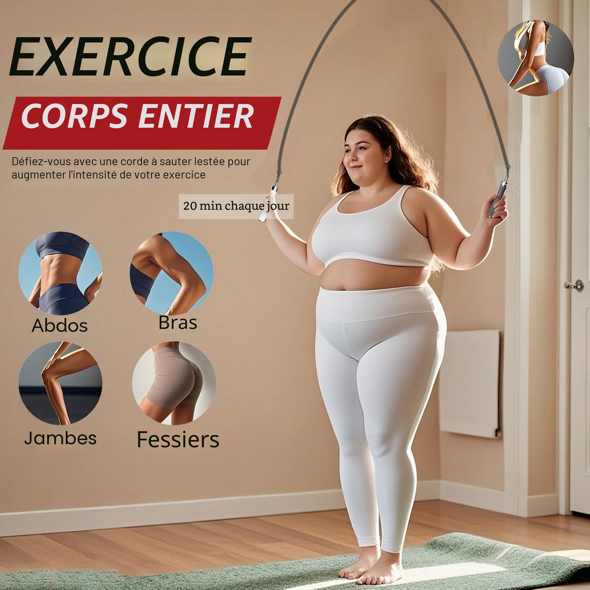 Corde à sauter lestée pour homme et femme – Interchangeable 0,9 kg, 0,9 kg – Rotation à 360 degrés – Longueur réglable, poignée ergonomique en cuir pour perte de poids et plus encore