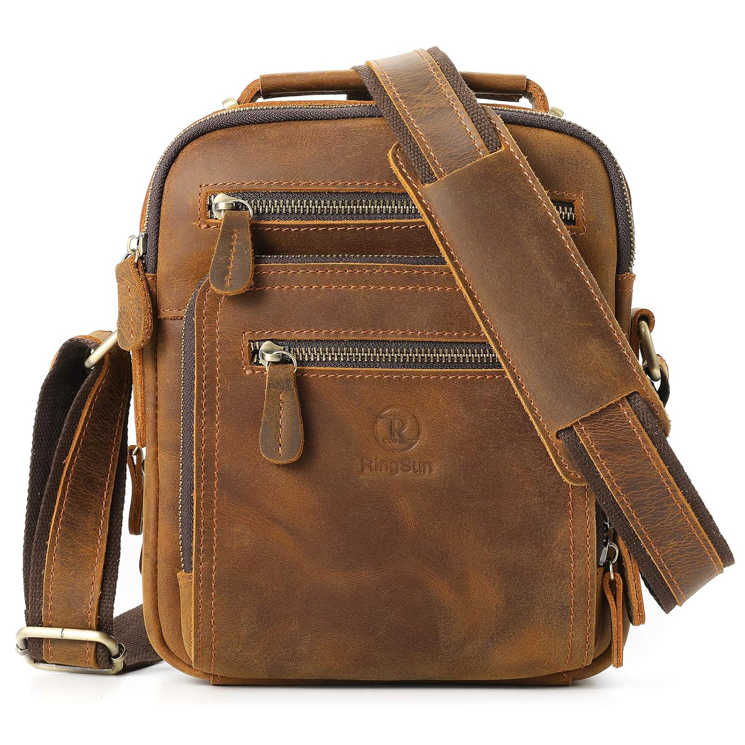 Ringsun Small Leather Mens Purse Messenger Bag for Men with Zipper Crossbody Shoulder Bag RS30