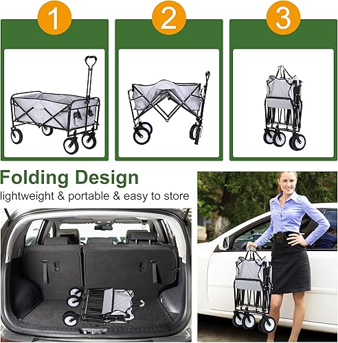Miniatura 4 de Carro plegable Pazidom para exteriores, carrito de jardín plegable, carrito de playa portátil, carrito de comestibles con ruedas, asa ajustable y 2