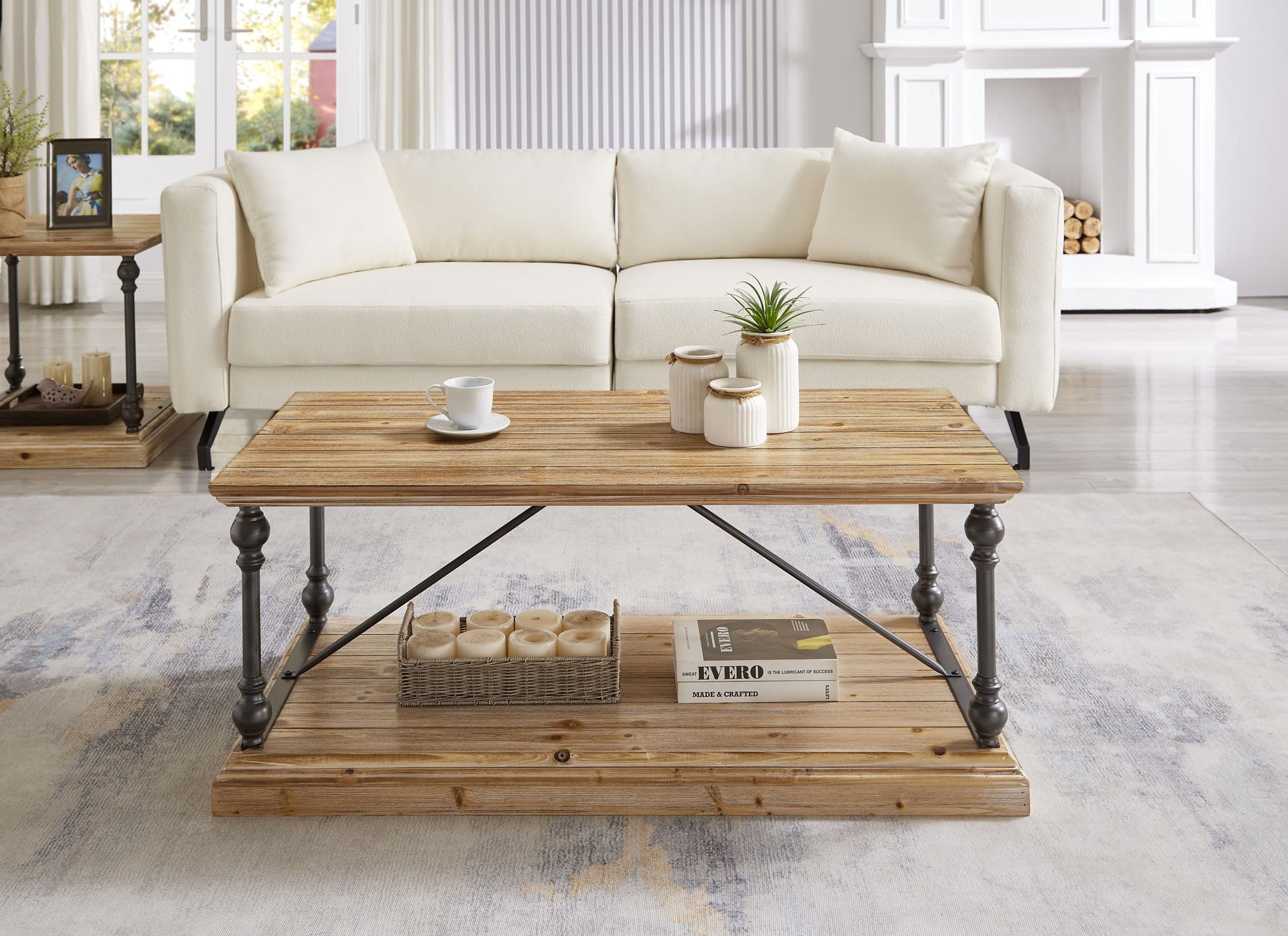 Square Wood Coffee Table for Living Room, Farmhouse Coffee Table with Storage Base - Rustic Wooden Mid-Century Coffee Table Vintage Coffee Table (Light Brown, 44.09"D x 22.05"W x 19.69"H)