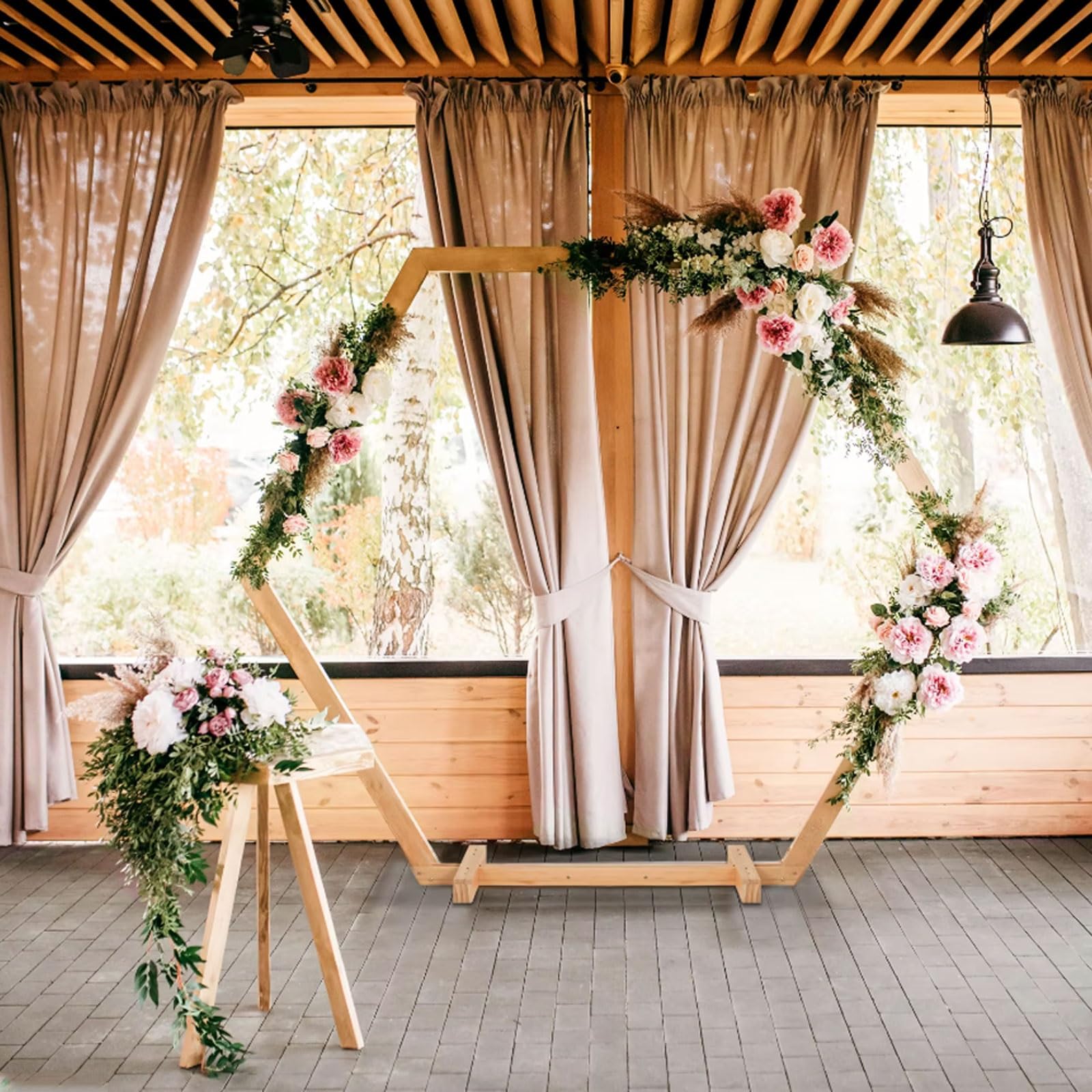 Hochzeitsbogen, sechseckiger Blumenlaubenständer aus Holz, Zeremonienbogendekor, rustikaler Laubenständer, Fotografie-Hintergrundständer, Gartendekoration