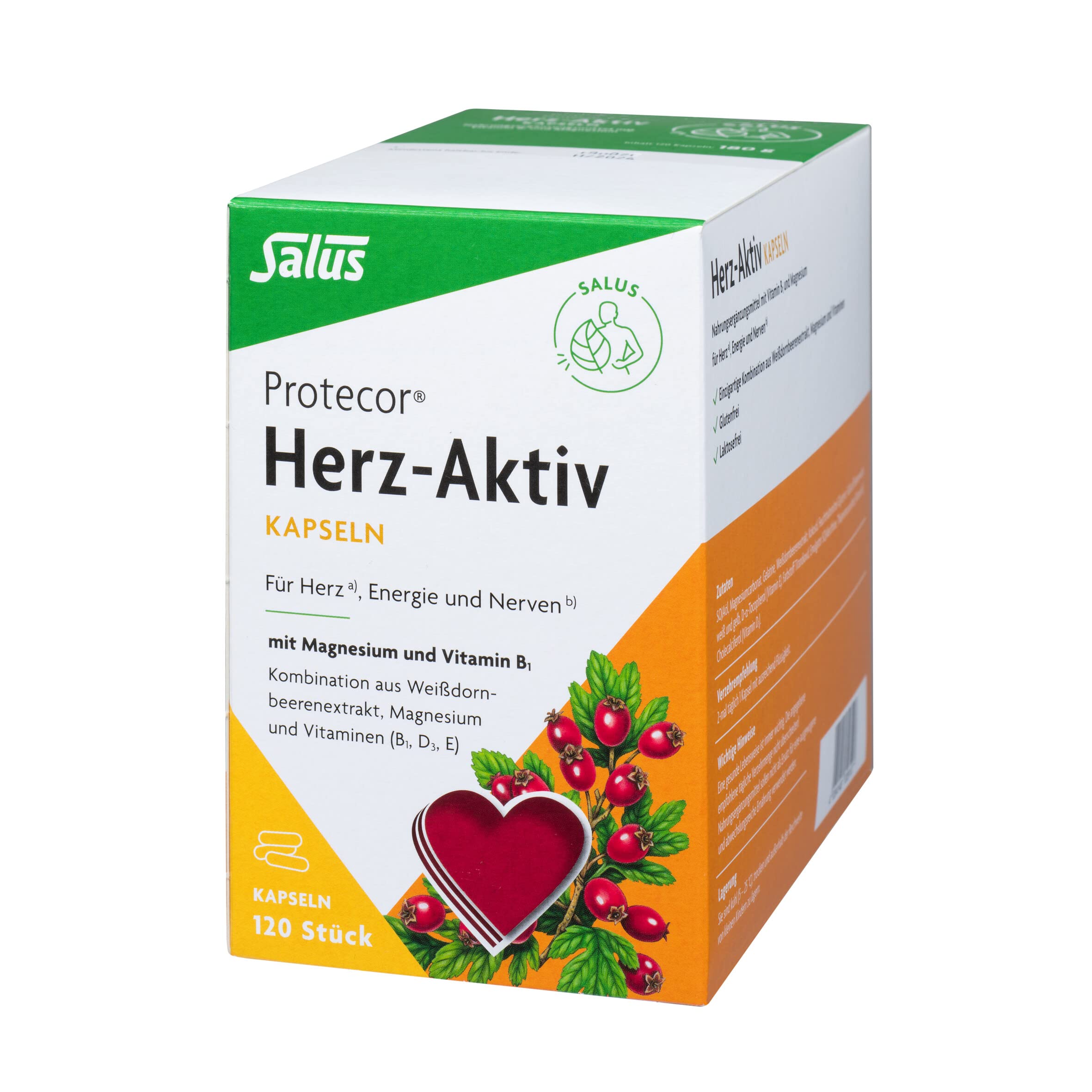 Salus Protecor Herz-Aktiv - 1x 120 Kapseln (180 g) - Nahrungsergänzungsmittel mit Vitamin B1 und Magnesium - zur Unterstützung der Herz und Muskelfunktion - Vitamin E und D3 plus Weißdornbeerenextrakt
