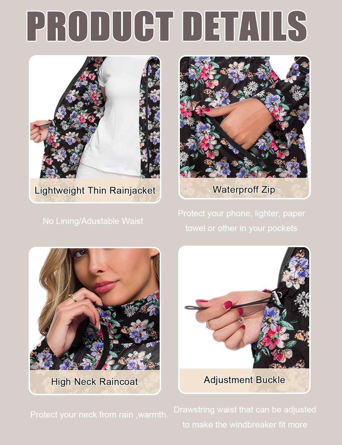 Avoogue Women's Long Raincoat with Hood Outdoor Lightweight Windbreaker Rain Jacket Waterproof - Image 4