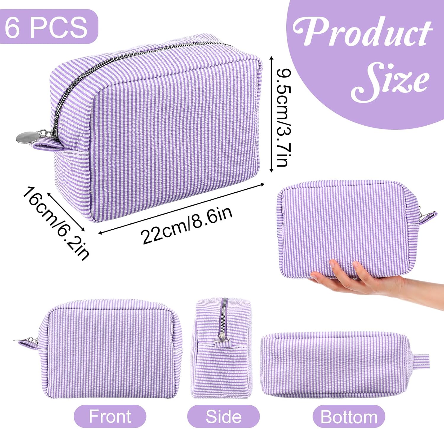 6 Pcs Seersucker Cosmetic Bag Seersucker Makeup Bags Women Stripe Large Travel Toiletry Organizer Preppy Storage Pouch Seersuck Travel Toiletry Bag for Embroidery Wedding Bridesmaid Bride Mom Gift - Image 2