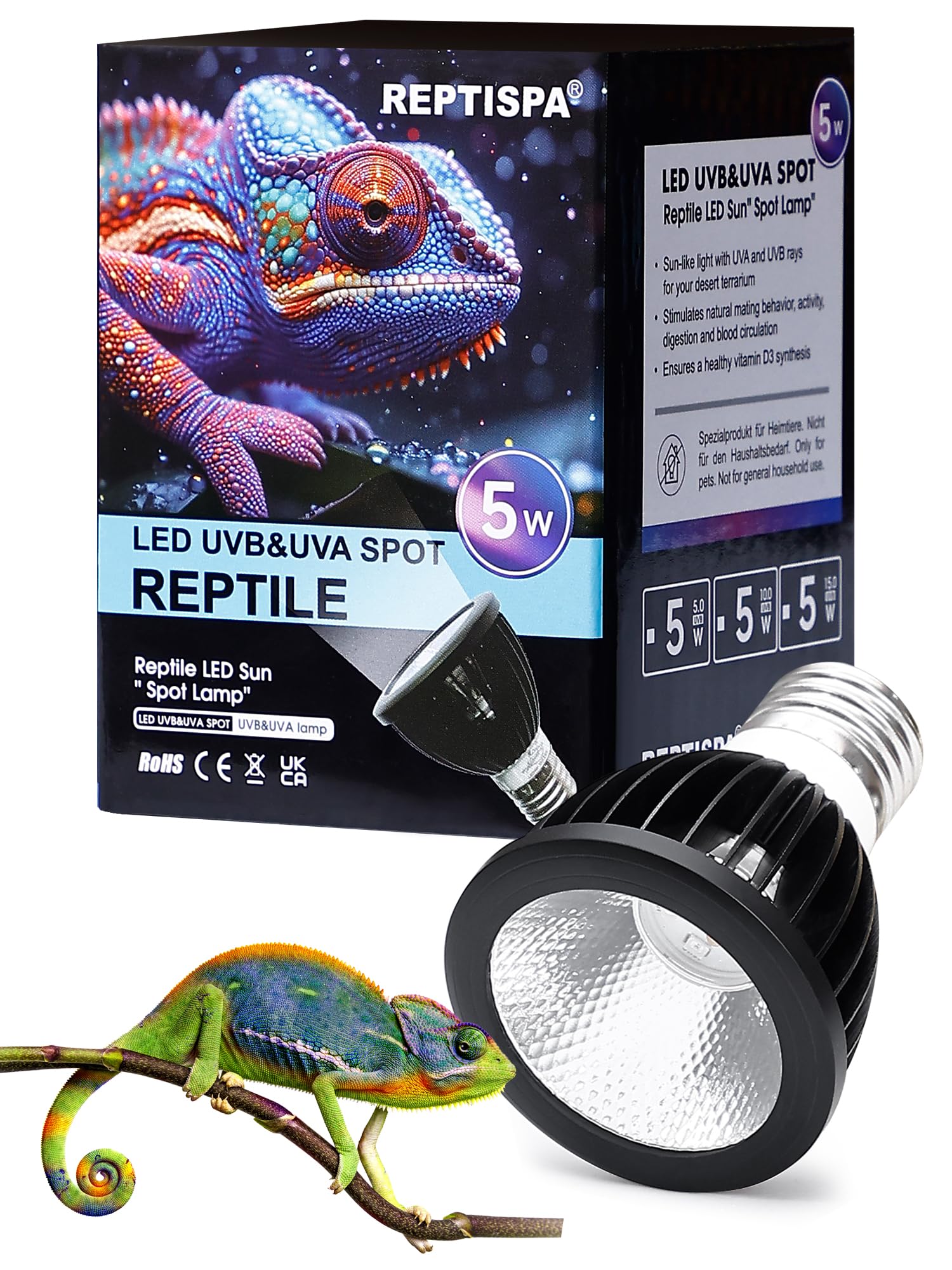Luce LED UVB per rettili, 5 W 5.0 LED UVA UVB, lampadina UVB per rettili drago barbuto, lucertola, geco, serpente, tartaruga, fornisce sufficiente esposizione UVB tropicale e rettili del