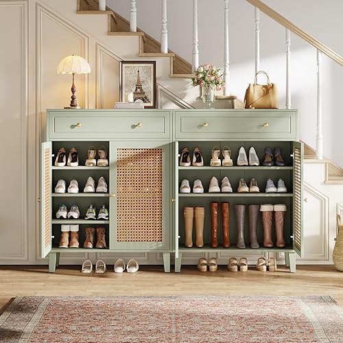 Miniatura 7 de Tribesigns Armario de zapatos con puertas y cajón, organizador de zapatos bohemio moderno de 6 niveles con estante ajustable, zapatero alto de ratán