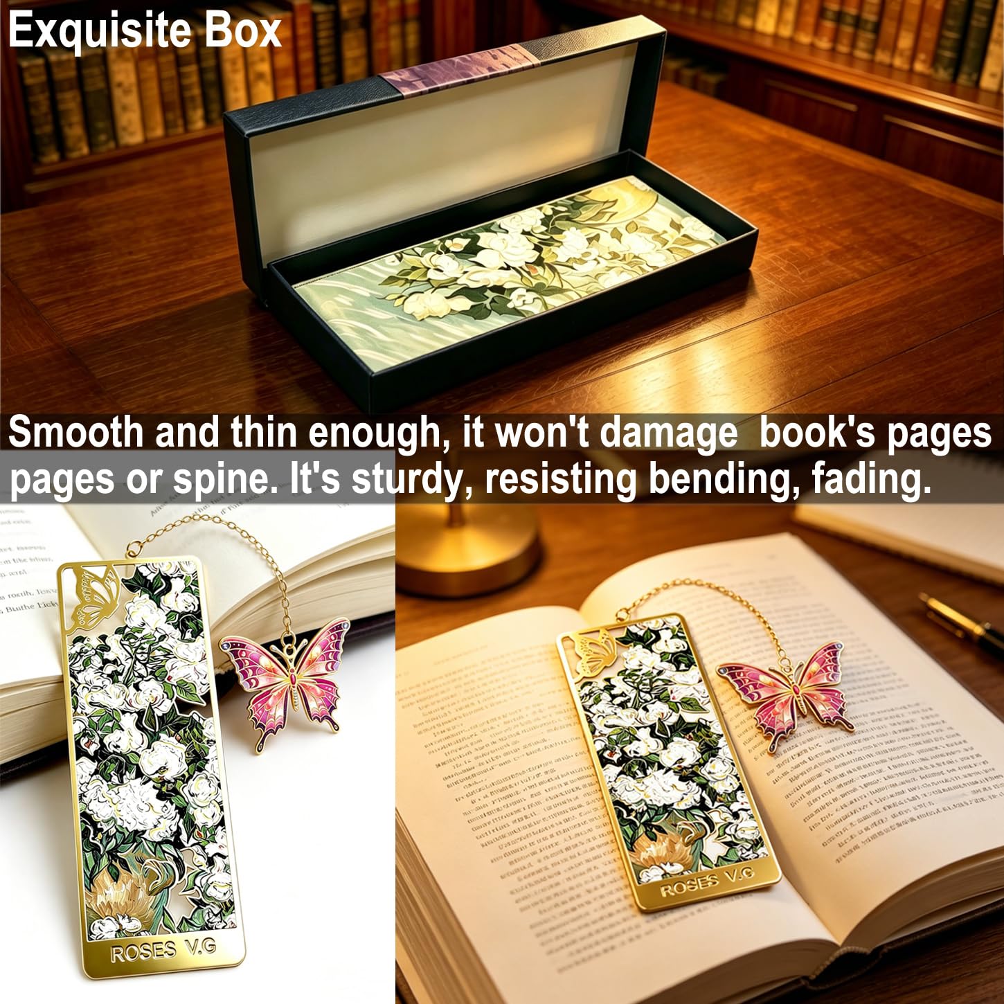 Marque-page en alliage rose avec pendentif papillon et pompon de qualité supérieure dans une boîte cadeau, marque-pages élégants en métal pour femmes, hommes, enfants, amateurs de livres