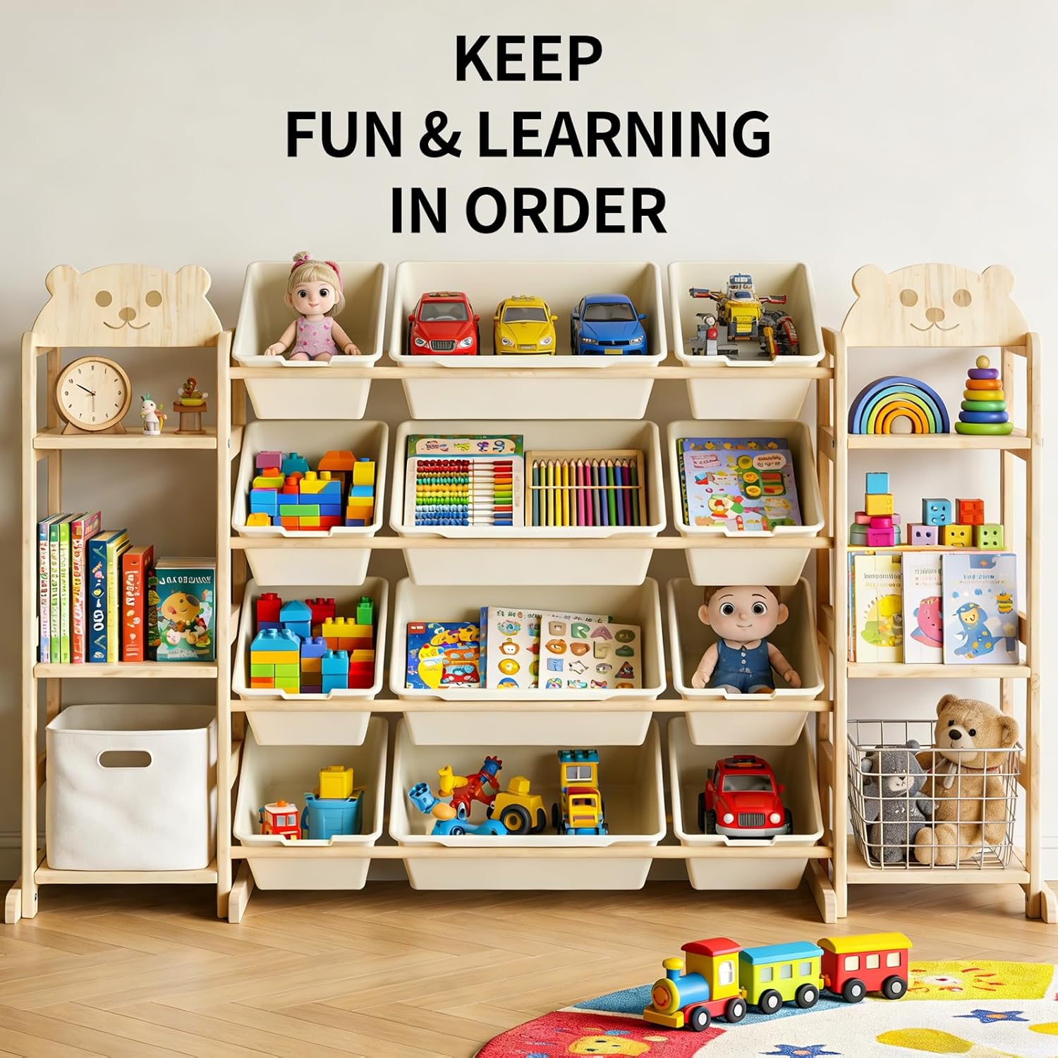 Toy Organizer and Storage with 12 Bins & 9 Shelves, Kids Bookcase Toy Storage Organizer with Bookshelf, Toy Box Shelf for Playroom, Nursery, Kids Room - Sturdy Kids Toy Storage
