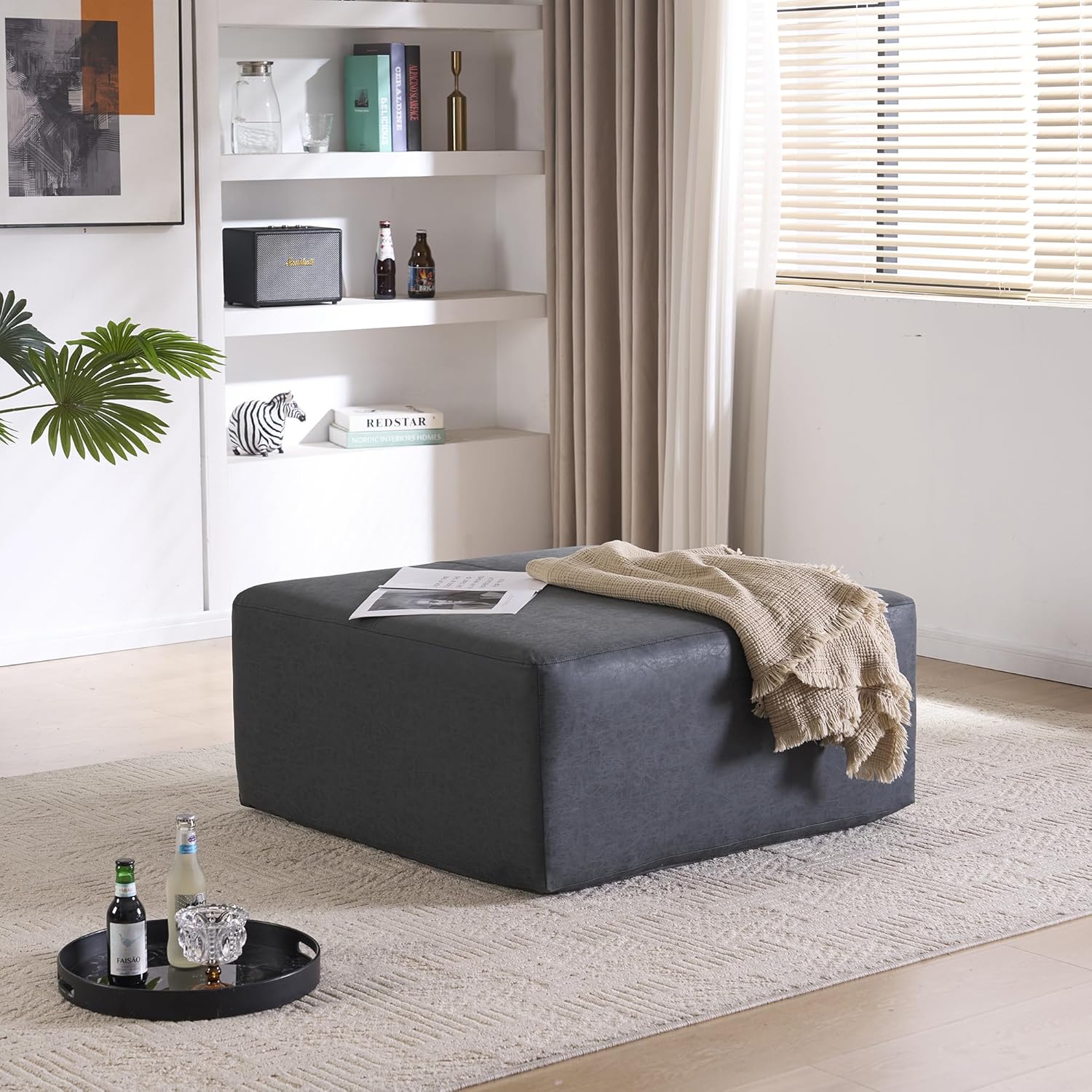 35" Wide Oversized Square Ottoman Coffee Table, Faux Leather Couch Ottoman Large Footstool for Living Room (Navy Black, Square)