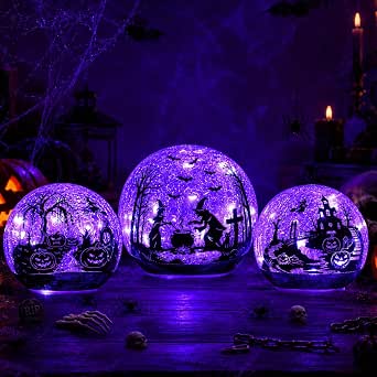 NEEDOMO Halloween Decorations Indoor, 3 Pack Witch Crackle Glass Globe Purple LED Lights with Timer