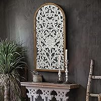 WREVERW Rustic Boho Arched Wood Wall Art - Hand-Carved Floral Panel, Distressed White Finish, 15x31 Vintage Farmhouse Hanging Sculpture