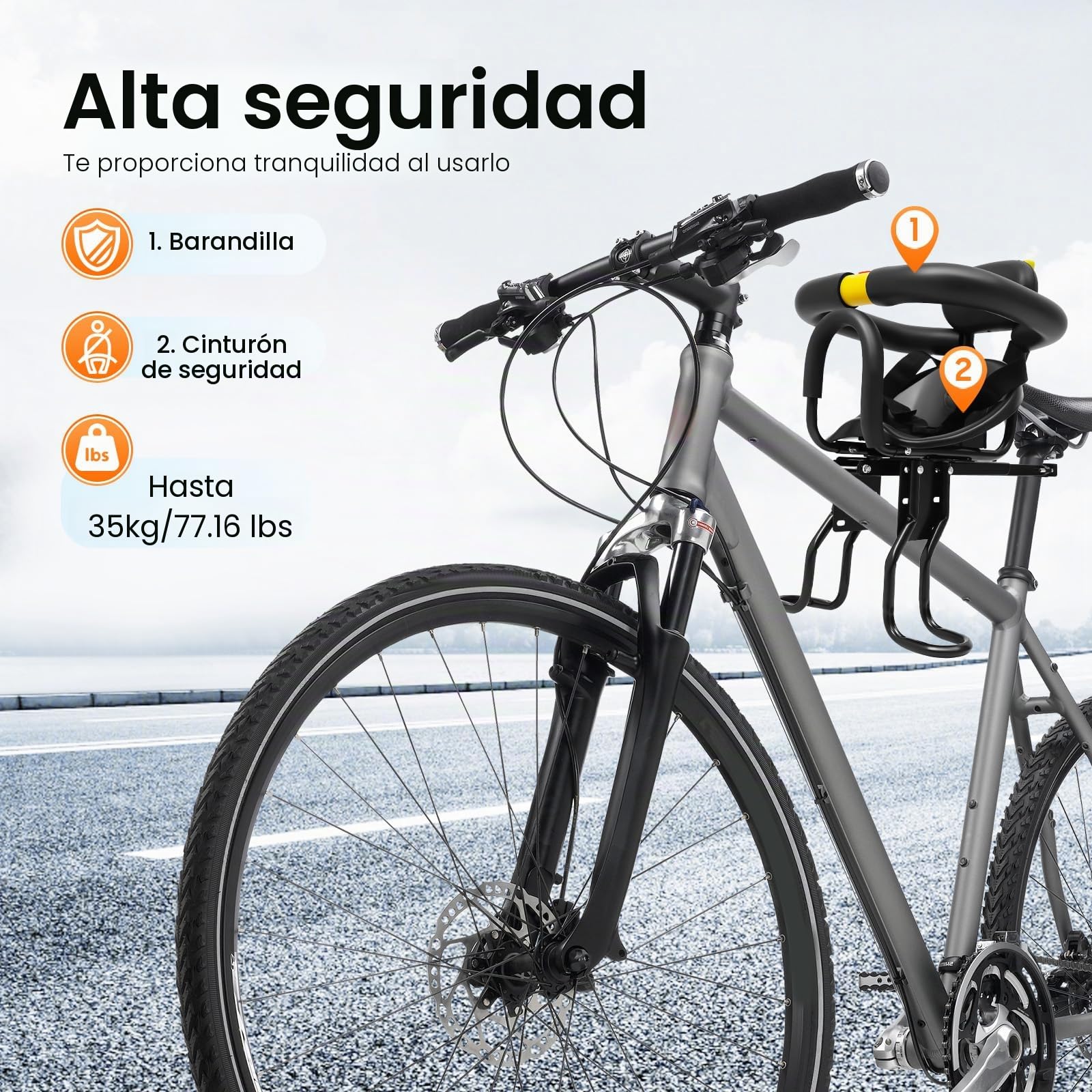 Asiento infantil ajustable para bicicleta delantero seguro con correas y barandillas, práctico para bicicletas de ciudad y bicicletas familiares