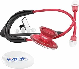 Acoustica Lightweight Stethoscope for Doctors, Nurses, Students, Home Health Use, Adult, Dual Head, Black Tube, Red Chestpiece-Headset, MDF747XPR11