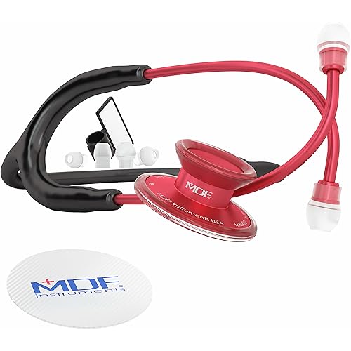 MDF Instruments, Acoustica Lightweight Stethoscope for Doctors, Nurses, Students, Home Health Use, Adult, Dual Head, Black Tube, Red Chestpiece-Headset, MDF747XPR11