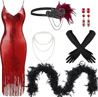 7 Pcs 1920s Women's Flapper Dress Sequin Dress Costume Headwear Earring Necklace Glove Stick Set and Long Feather Boa - Buy now