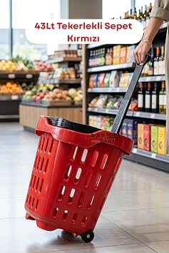 43 LT Tekerlekli Market Sepeti | Plastik Al veri  Sepeti Ergonomik  ift Sapl  Mavi 1, K rm z
