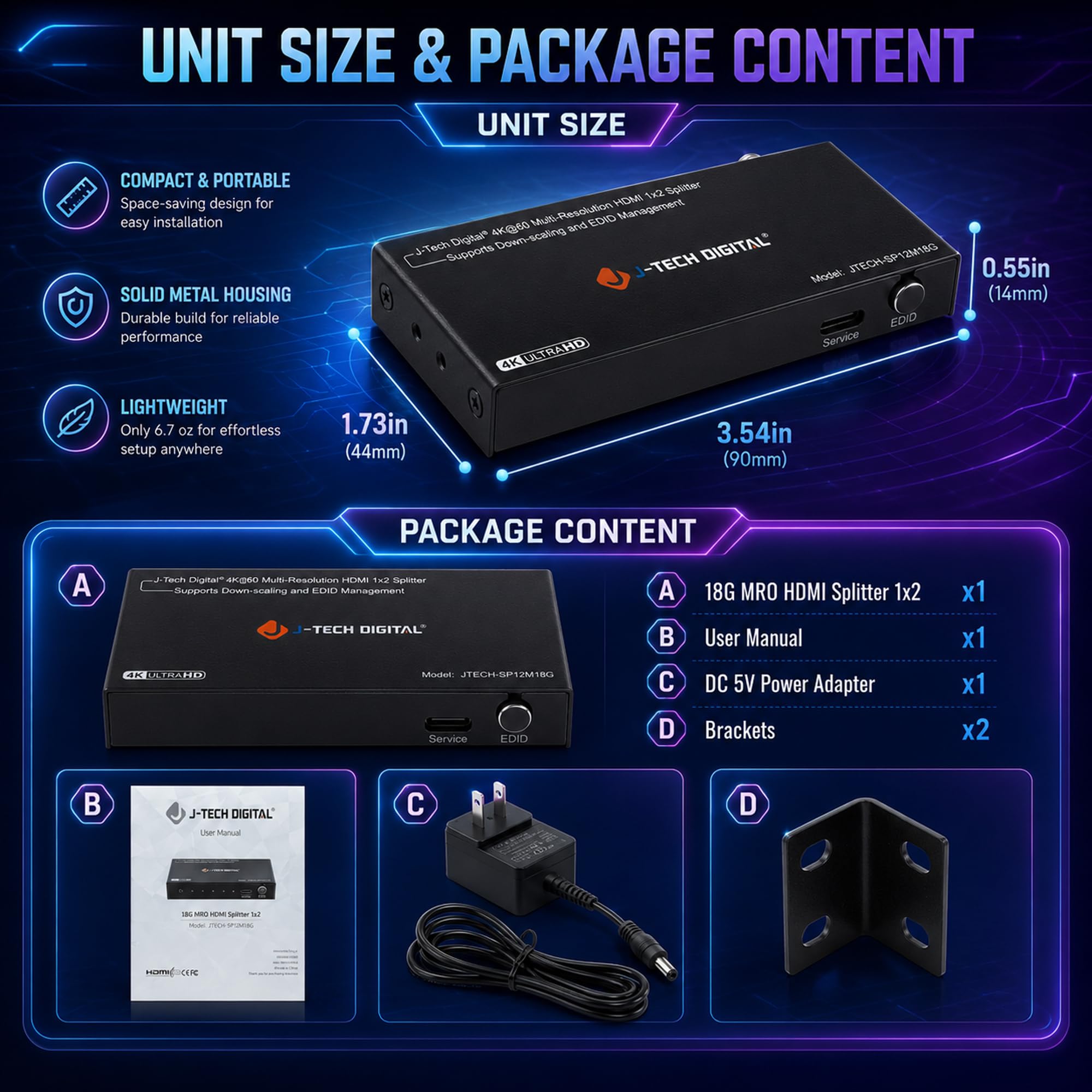 J-Tech Digital Divisor HDMI 1 en 2 salidas 4K a 60Hz, divisor HDMI 1x2 para pantalla duplicada/espejo 4K a 1080P, función de reducción de escala 3 ajustes EDID (JTECH-SP12M18G)