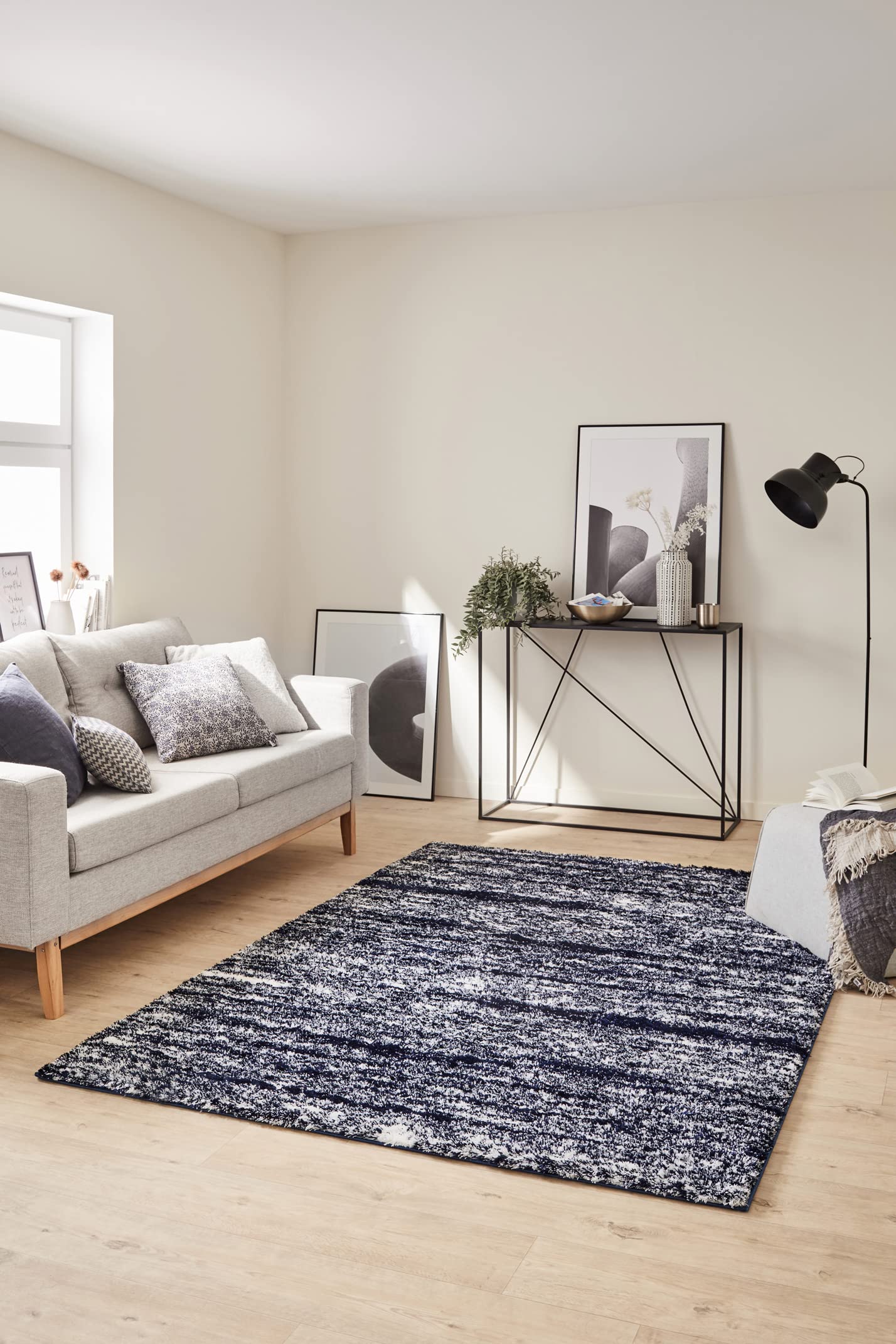 Nazar Tapis Shaggy Doux à Motifs Géométrique, Tapis Salon, Tapis Chambre, Tapis Couloir, Moelleux, Moderne, Beige, Gris, Bleu, Rouge (584 Bleu, 120x160 cm)