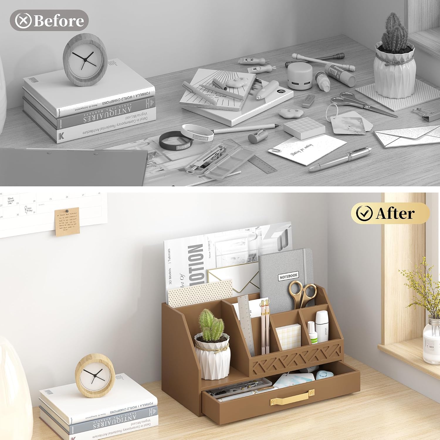 Wisuce Bamboo Mail Organizer Countertop with Drawers, Wooden Desk Organizer File Bill Sorter Storage Box for Desktop Letter Envelope Countertop Holder for Office Home School Organization