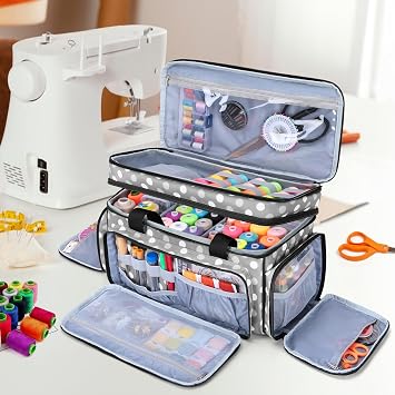 LUXJA Large 2 Layers Sewing Organizer Bag with 5 Detachable Dividers, Sewing Storage Bag for Sewing Supplies, Polka Dots