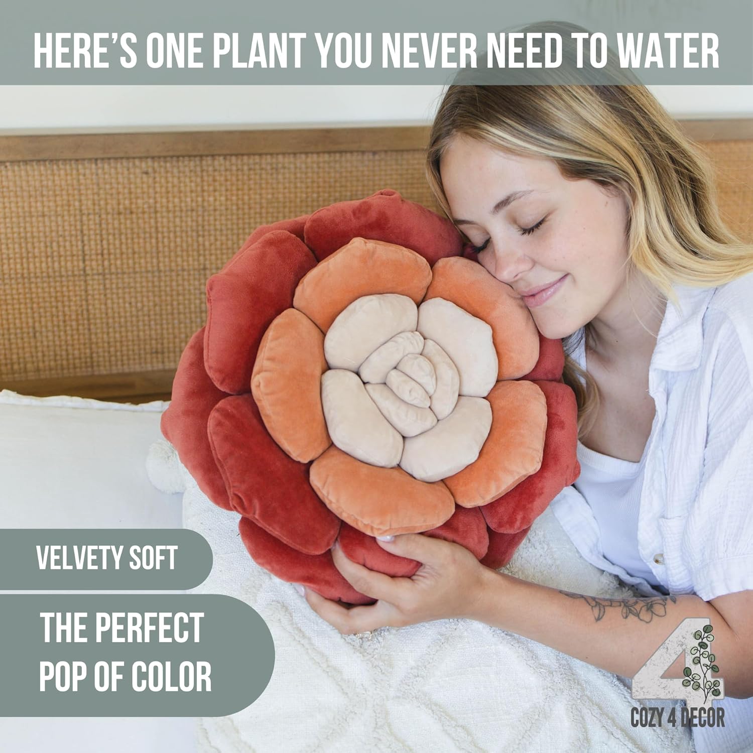 Throw Pillow in Monochromatic Colors - Flower Shaped Pillow – Soft Plush Floral Throw Pillow for Bed, Couch, Sofa & Kids Room | Cute Fluffy Bloom Cushion for Aesthetic Room Decor (Terracota)