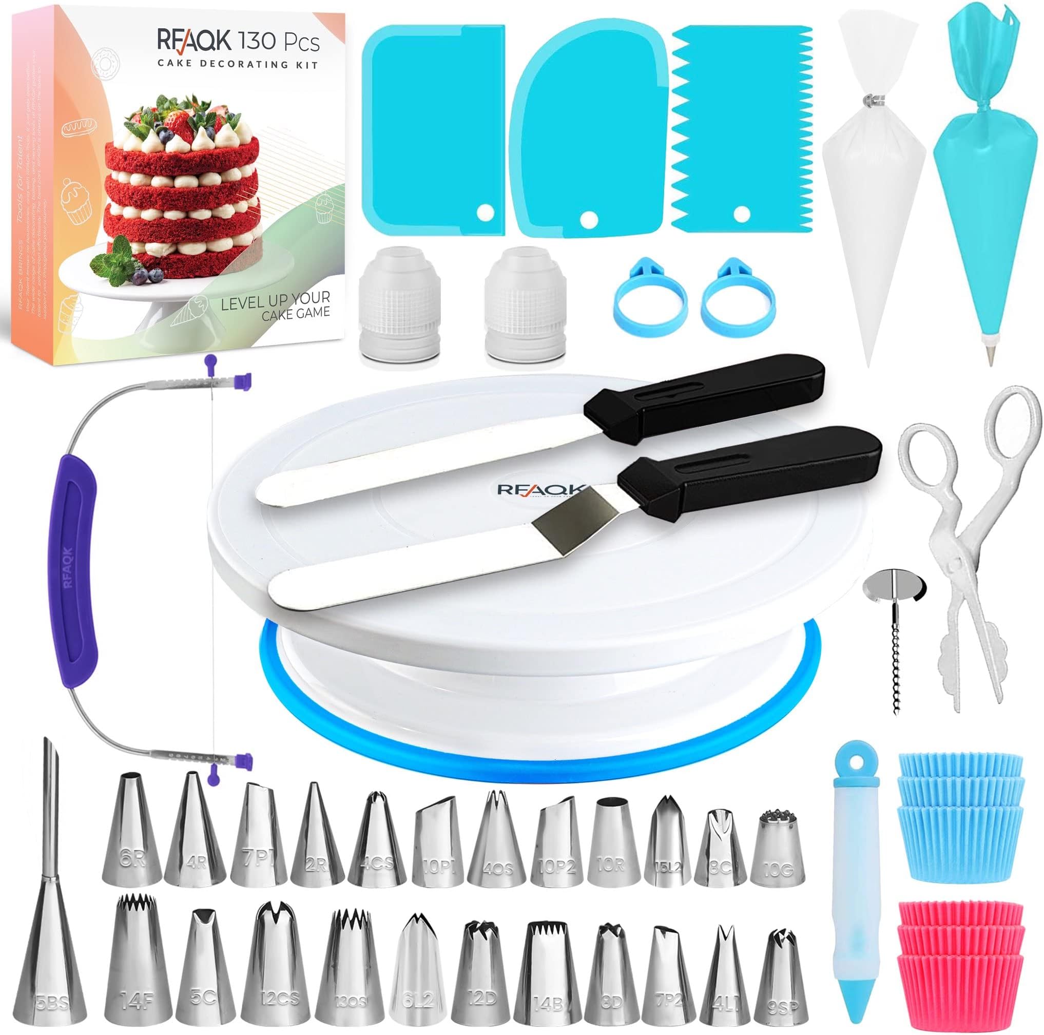 Cake Decorating Kit Tools - RFAQK 130 Pcs Cake Turntable -Cake Leveller-24 Numbered Icing Tips and Piping bags with Pattern Chart & E.Book -Straight and Angled Spatula and other baking set Supplies