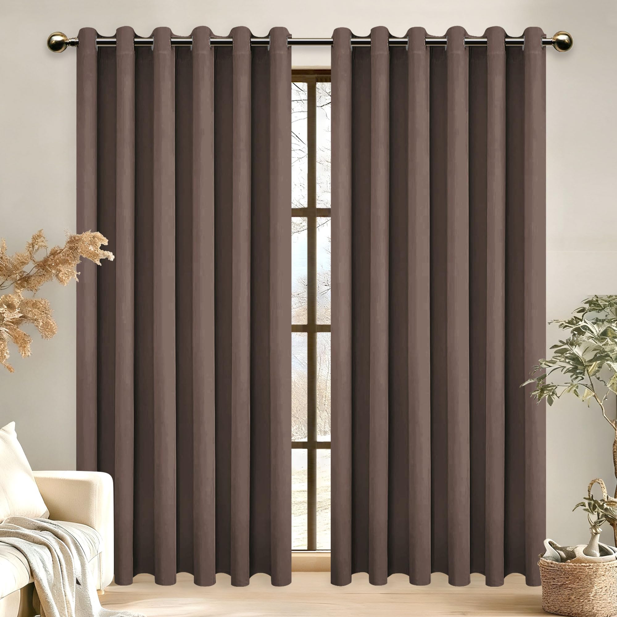 DWCN Blackout Curtains Thermal Insulated Eyelet Curtains for Living Room 90x90 Inches Brown 2 Panels — image 1